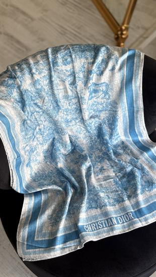 MAVİ ÇİFT YÖNLÜ DESENLİ YÜN İPEK ŞAL