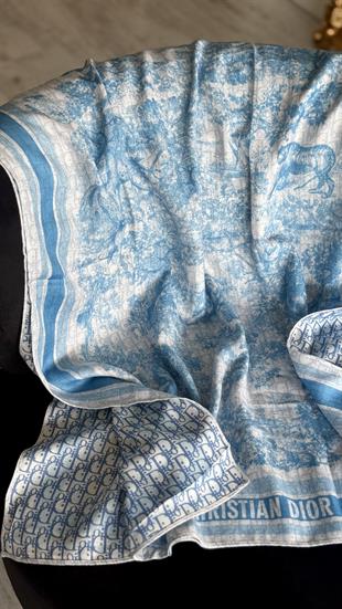 MAVİ ÇİFT YÖNLÜ DESENLİ YÜN İPEK ŞAL