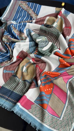 MAVİ ÇOK RENKLİ HRMS YÜN İPEK ŞAL