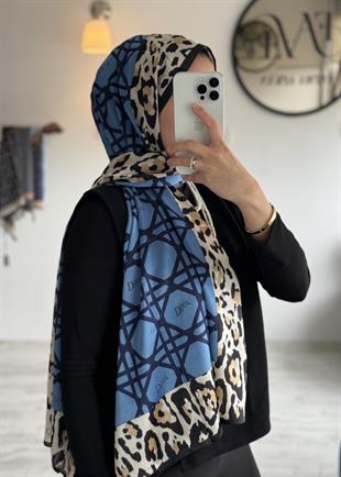 MAVİ D / LEOPAR DESEN VUAL İPEK ŞAL