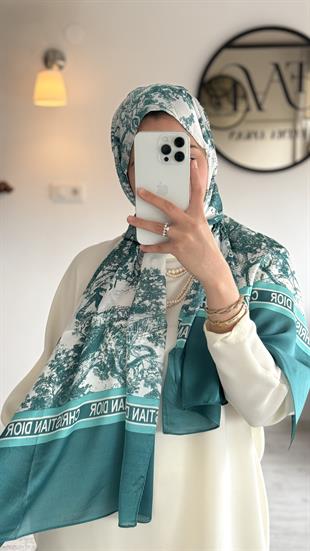 PETROL YEŞİL / BEYAZ VUAL İPEK ŞAL