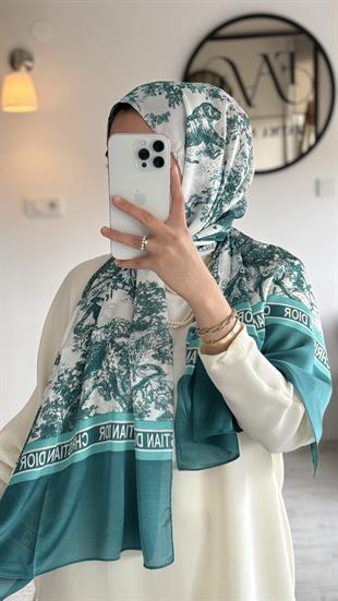 PETROL YEŞİL / BEYAZ VUAL İPEK ŞAL