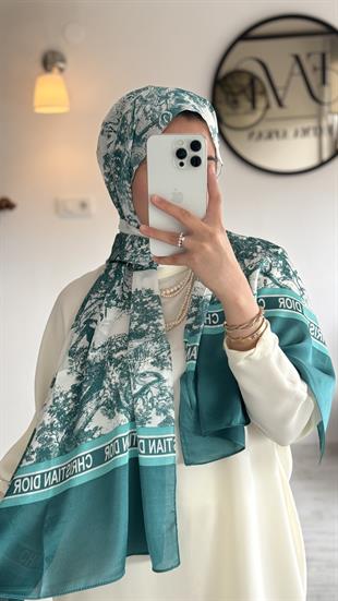 PETROL YEŞİL / BEYAZ VUAL İPEK ŞAL