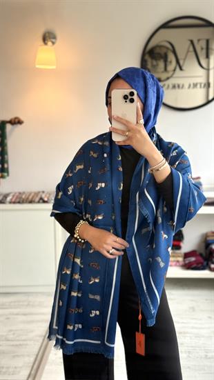 SAKS MAVİ AT DESENLİ YÜN İPEK ŞAL