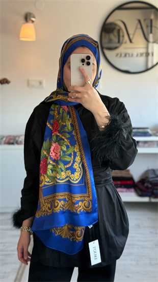 SAKS RENK ÇİCEK DESENLİ ŞAL