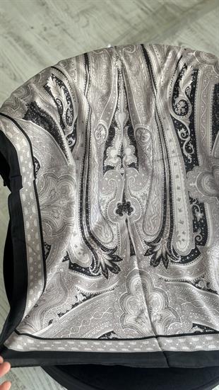 SİYAH / TAŞ ETNİK DESEN PAMUK ŞAL