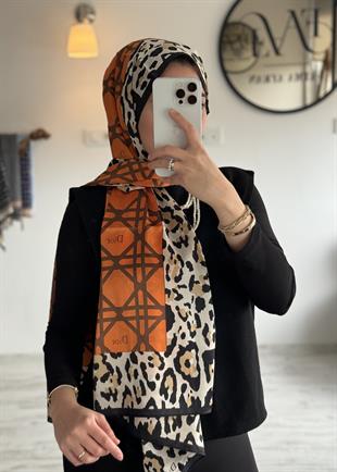 TURUNCU LEOPAR DESEN VUAL İPEK ŞAL