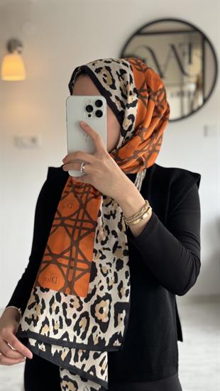 TURUNCU LEOPAR DESEN VUAL İPEK ŞAL