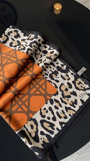 TURUNCU LEOPAR DESEN VUAL İPEK ŞAL