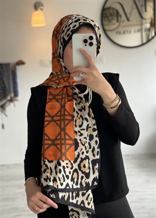 TURUNCU LEOPAR DESEN VUAL İPEK ŞAL