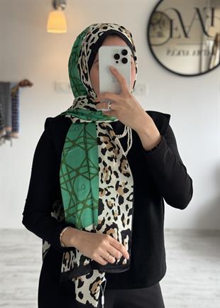 YEŞİL D / LEOPAR DESEN VUAL İPEK ŞAL