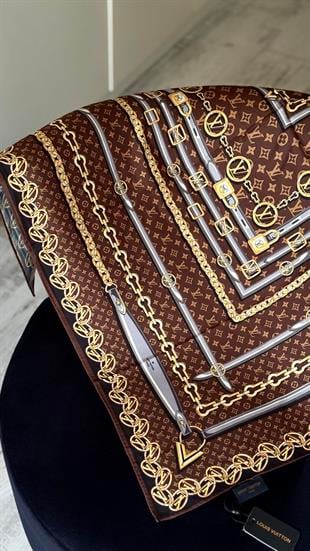 ZİNCİR DESEN KAHVE TWİL İPEK EŞARP