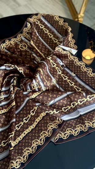 ZİNCİR DESEN KAHVE TWİL İPEK EŞARP