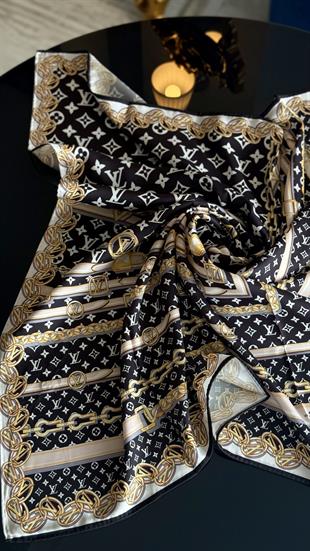 ZİNCİR DESEN SİYAH TWİL İPEK EŞARP