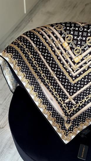 ZİNCİR DESEN SİYAH TWİL İPEK EŞARP