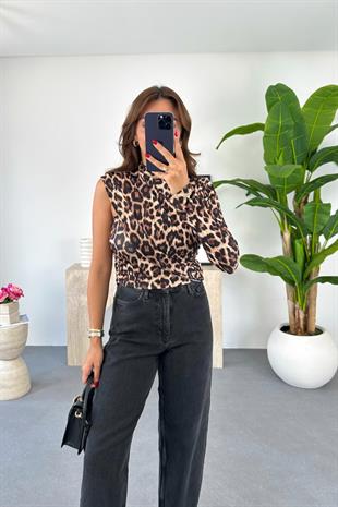 Loseli Leopar Desenli Yanları Büzgülü Bluz