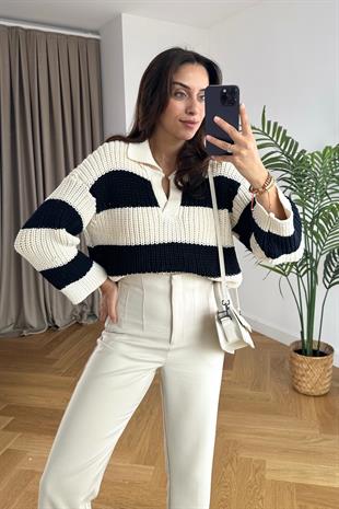 Sams Polo Yaka Lacivert-Ekru Çizgili Triko
