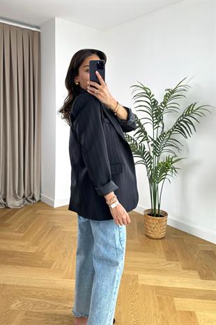 ZR Siyah Kendinden Çizgili Blazer Ceket