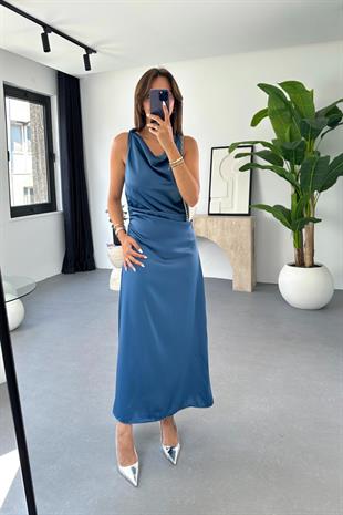 Blass Indigo Drapeli Saten Elbise