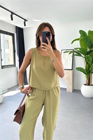 Mona Yağ Yeşili Beli Bağlamalı Bluz Pantolon Takım