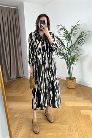 ZR Siyah Desenli Maxi Elbise