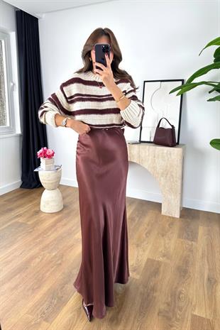 Shely Bordo Beli Lastikli Maxi Boy Saten Etek