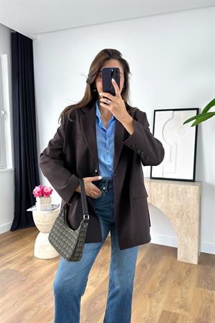 Larase Acı Kahve Kendinden Çizgili Premıum Blazer