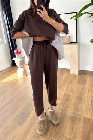 Sevsan Kahve Garnili Modal Sweatshirt Pantolon Takım
