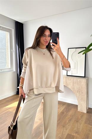 Sevsan Bej Garnili Modal Sweatshirt Pantolon Takım