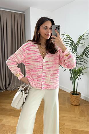 Shake Pembe Çizgili Düğmeli Triko Hırka