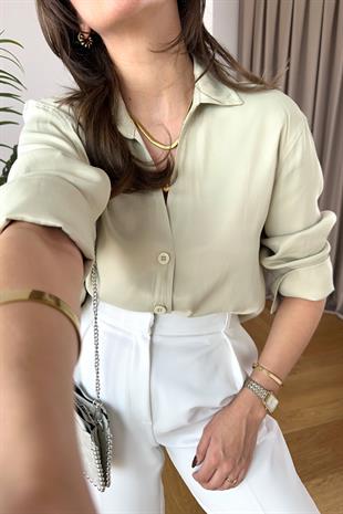 Cudy Mint Yeşili V Yaka Saten Gömlek 