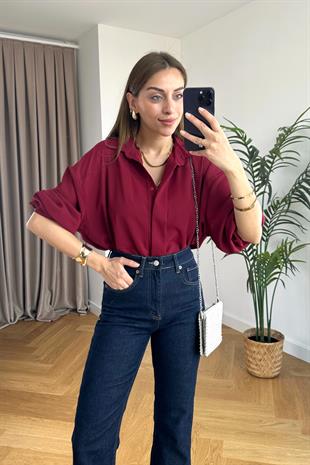 Zumta Bordo Gizli Düğme Detaylı Gömlek