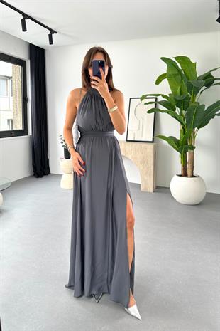 Shela Füme Halter Yaka Yırtmaç Detaylı Elbise