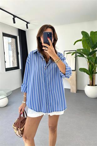 Blura Mavi Beyaz Çizgili Dökümlü Gömlek
