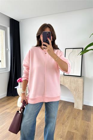 Pona Şeker Pembe Bisiklet Yaka Çizgi Detaylı Sweat
