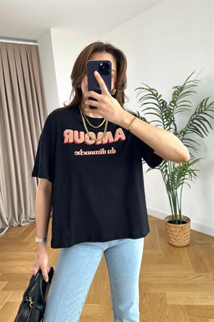 Amour Siyah Bisiklet Yaka Tişört