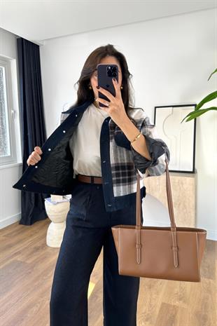 Kasne Denim Yaka Düğme Detaylı Ekose Ceket
