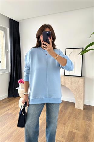 Pona Bebe Mavi Bisiklet Yaka Çizgi Detaylı Sweat