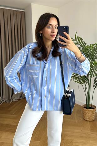 Mavi Beyaz Çizgili Cep Detaylı Gömlek