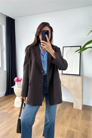 Larase Acı Kahve Kendinden Çizgili Premıum Blazer