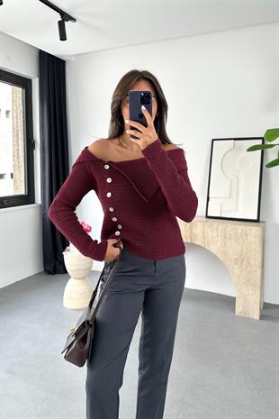 Ploi Bordo Düğme Detaylı Triko Hırka