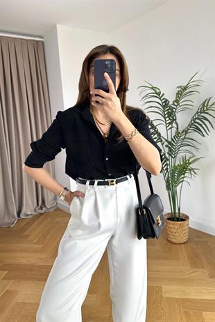 Monde Siyah Kendinden Çizgi Dokulu Gömlek