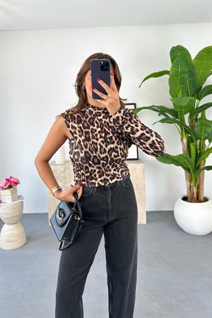 Loseli Leopar Desenli Yanları Büzgülü Bluz