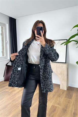 Pasole Siyah Leopar Detaylı Blazer Ceket