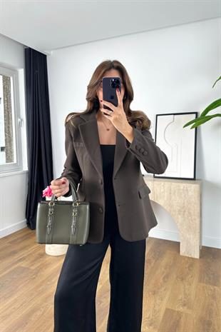 Fasone Acı Kahve Şal Detaylı Blazer Ceket
