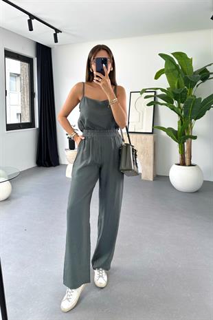 Lina Koyu Haki Ayarlanabilir İp Askılı Bluz Pantolon Takım