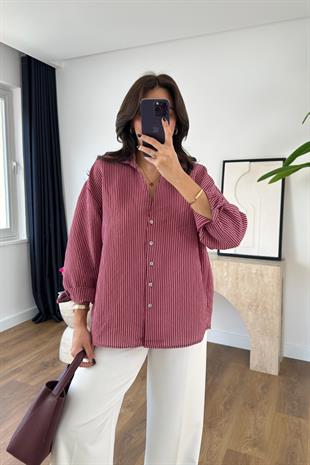 Drones Bordo Beyaz Çizgili Gömlek