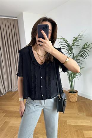 Olla Siyah Fırfırlı Şifon Gömlek 