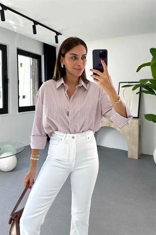 Mores Beyaz Renkli Çizgili Dökümlü Gömlek