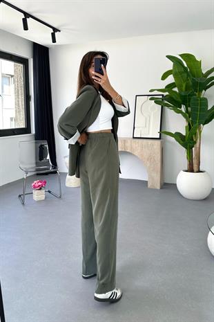 Dosy Haki Blazer Ceket Palazzo Pantolon Takım